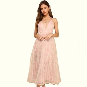 NEW Lulus Blissfully Lovely Blush Pink Floral Mesh Midi Dress Fairycore Sz M NWT